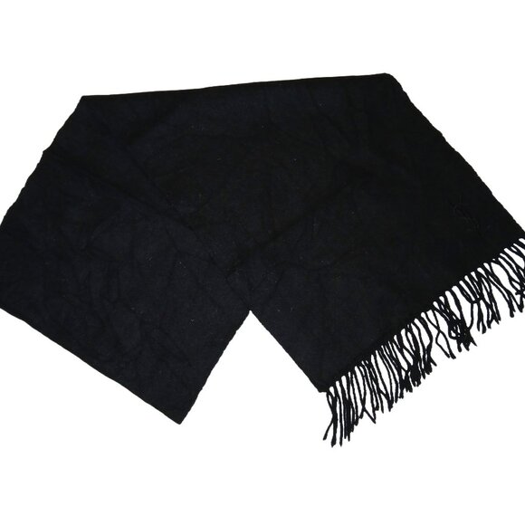 Yves Saint Laurent YSL Solid Black Embroidered Wool Fringed Scarf Pre-Owned